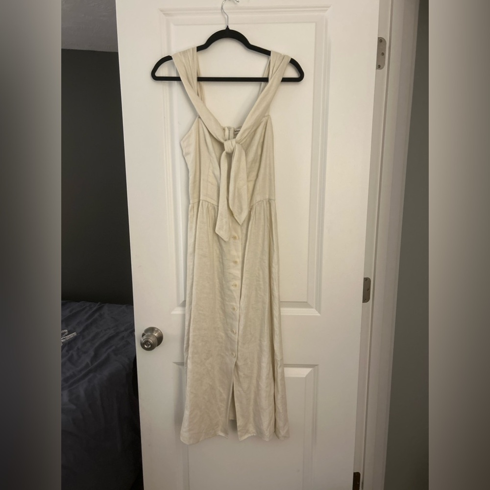 Reformation Linen Tie Front Button Midi Dress Cream